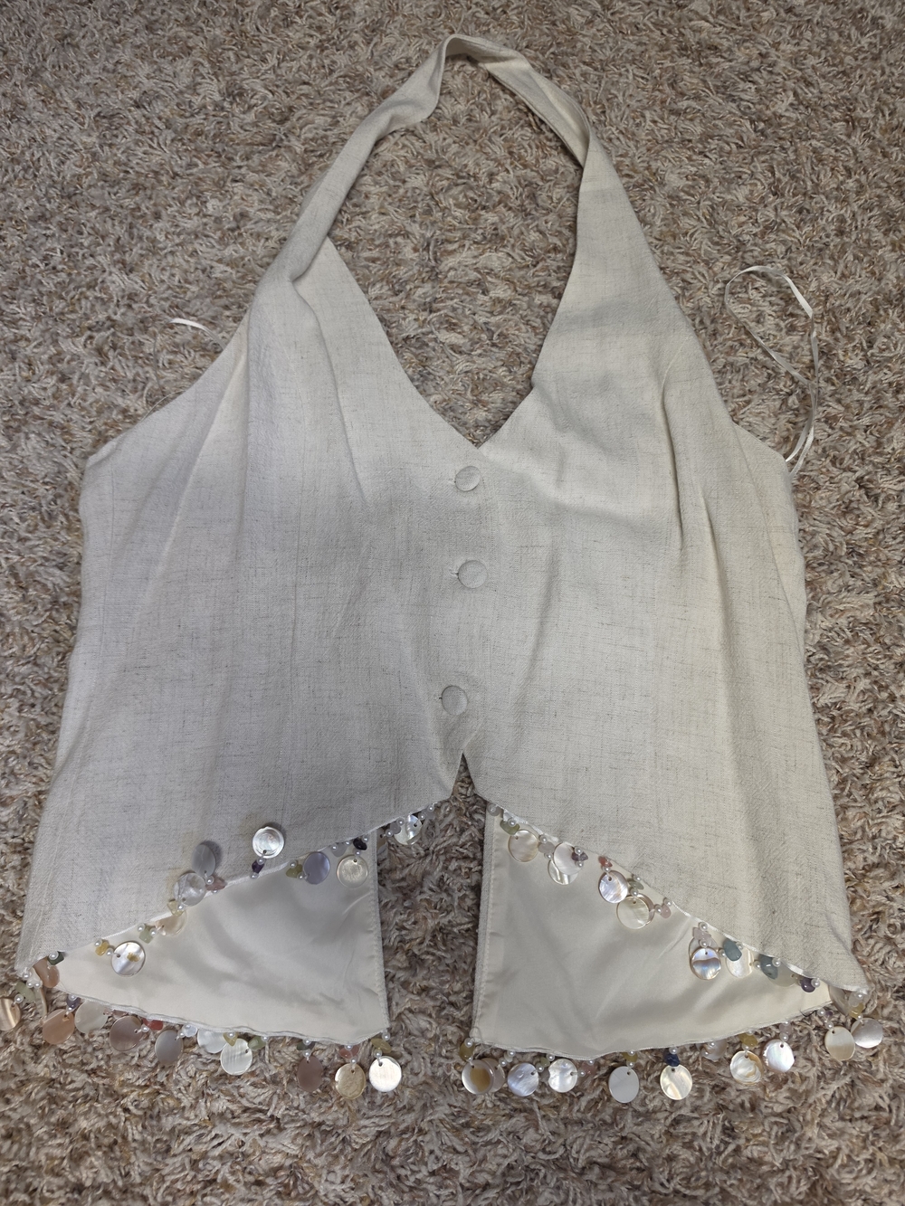 Beige Halter Crop Top with Pearl Shell Trim